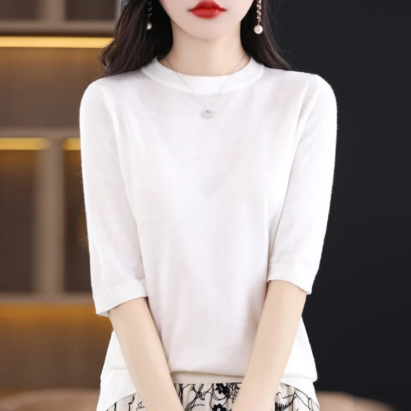 

Spring Wool Sweater Women Tops O-neck Half Sleeve Fashion Korean Thin Knitted Female Pullovers Loose Clothing In Knitwears B91