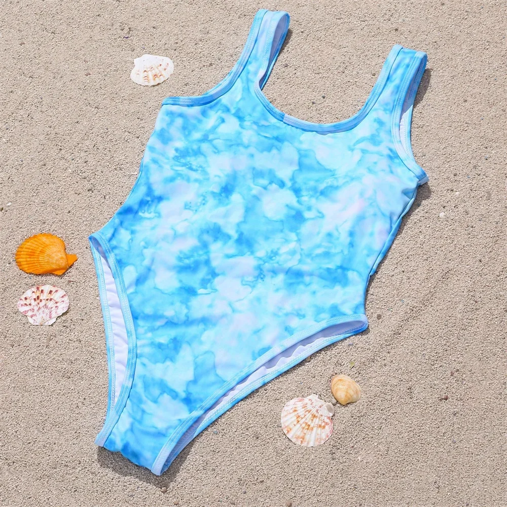 Blue Tie Dye Print Bikini U-neck Push Up Swimsuit Backless Swimwear Trend Women One-Piece Bathing Suit Bikinis Set Beach Outfits