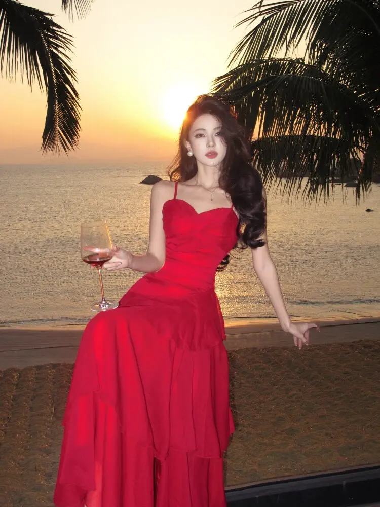 Retro Red Vacation Style Camisole Long Dress Cinched Waist Ruffled Edges Women's Dress Temperament Casual Beach Dress New