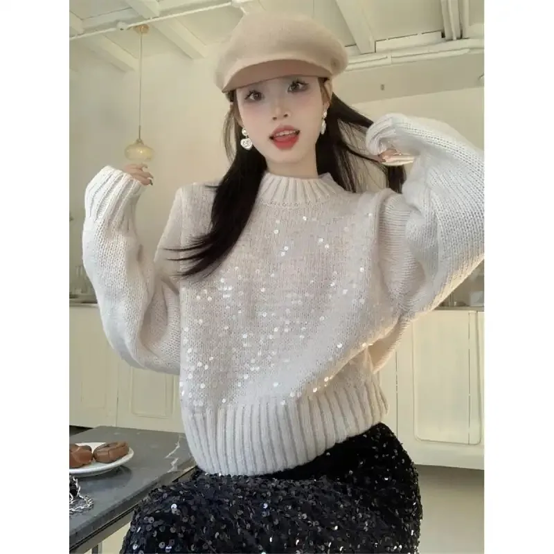 가을과 겨울 여성용 반터틀넥 시퀸 풀오버 스웨터