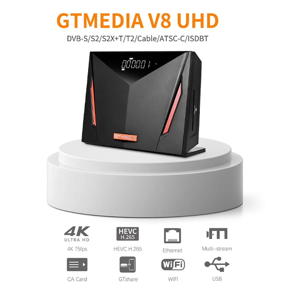 GTMEDIA V8 UHD DVB-S/S2/S2X,DVB + T/T2/ISDB-T/C Receptor de satélite 4K HD H.265 2.4G WIFI Receptores de TV Full PowerVu integrados