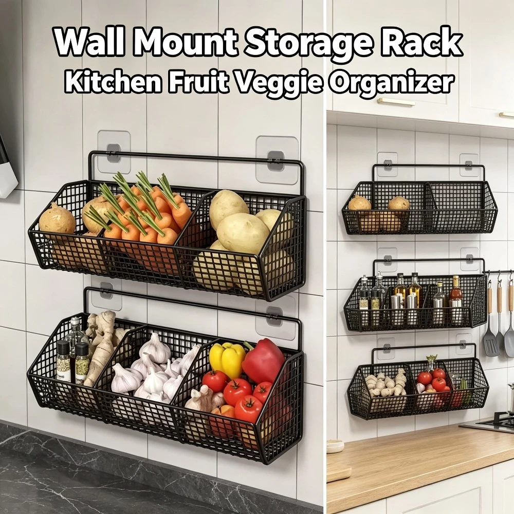 Wall Mounted Storage Basket No Drilling Hanging Rack Ginger Garlic Kitchen Condiment Organizer Household Storage Shelf