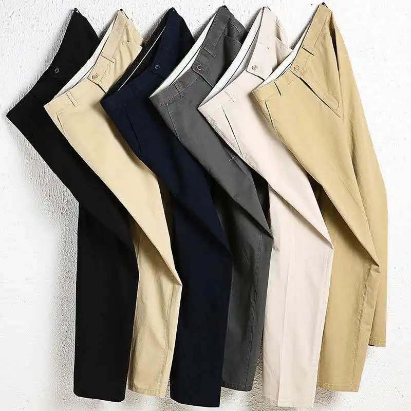 Black Casual Pants Men Straight Leg Men's Summer Pants Cotton New Khaki High Waisted Trouser Dress Business Vintage Lightweight