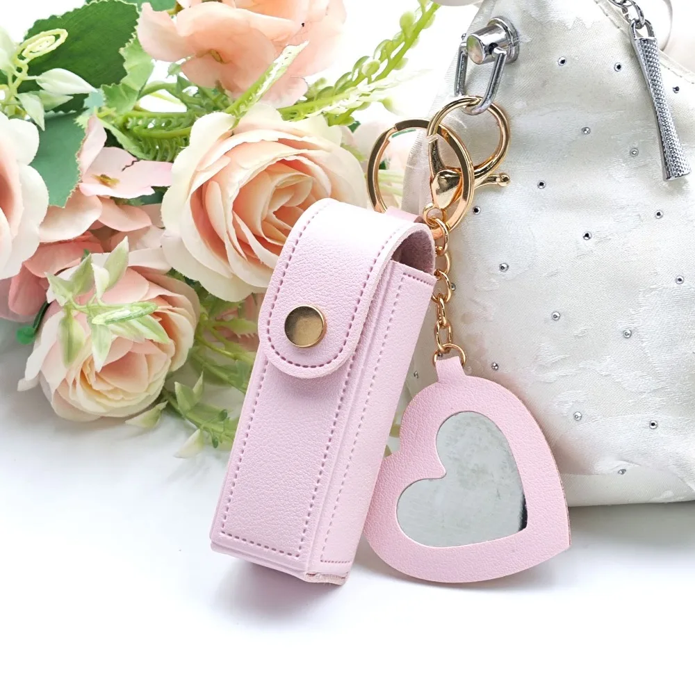Solid Color Fashion Heart Shaped Mirror Lipstick Holder Keychain Decoration Creative Women Pendant Bag Keyring Gift Accessory - view 5