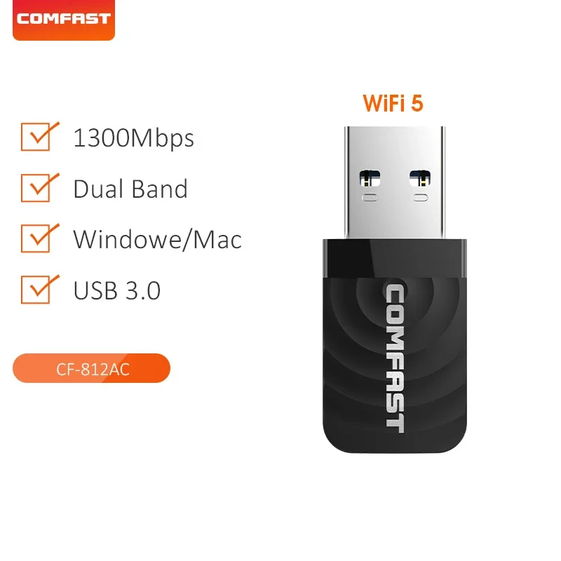 

Comfast WiFi5 1300 Мбит/с USB-адаптер двухдиапазонный WIFI-ресивер сетевая карта USB3.0 WPA3 для настольного ноутбука Win7/8/8.1/10/11 MAC