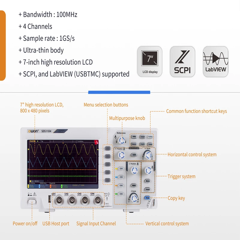 Osciloscopio de almacenamiento Digital, 4 canales, 7 pulgadas, 100MHz, 1GS/s, frecuencia de muestreo, compatible con SCPl / LabVIEW SDS1104, multímetro de banco