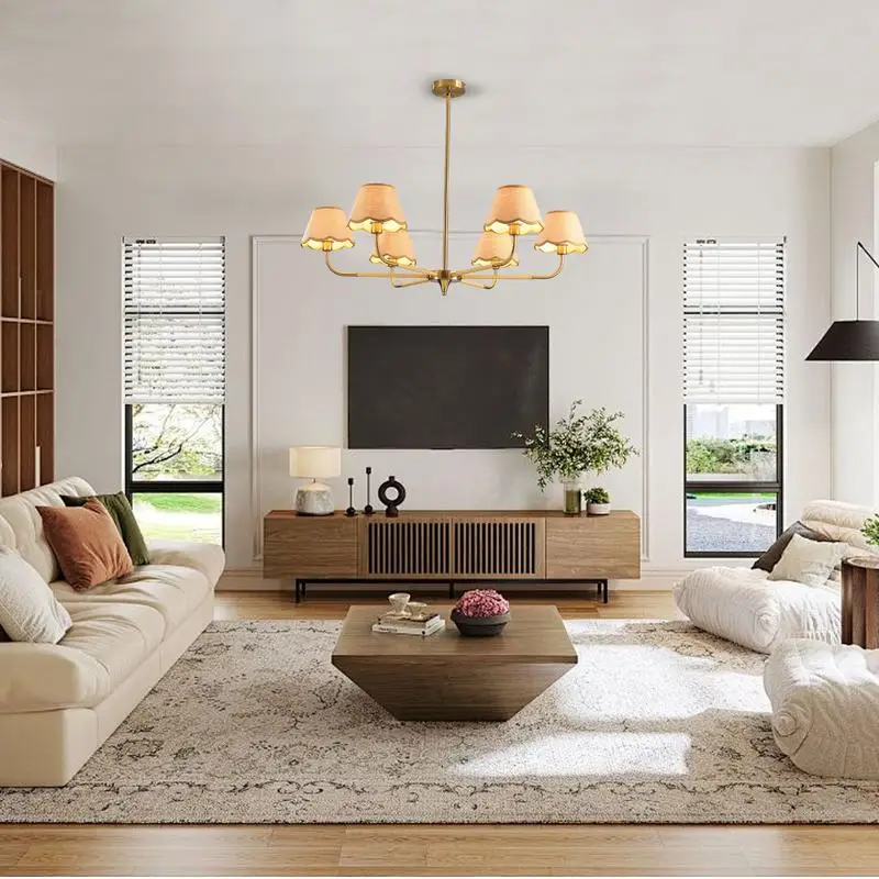 ثريا ذهبية مقاس 38 بوصة مكونة من 6 مصابيح مع غطاء من الروطان، تركيبات إضاءة متدلية لمنتصف القرن لغرفة الطعام أو غرفة المعيشة أو المطبخ (لمبة)