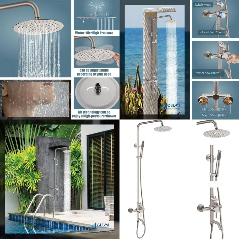 Triple Function Brushed Nickel Outdoor Shower Set with 8 Rain Head and Hand Spray, SUS304 Stainless Steel