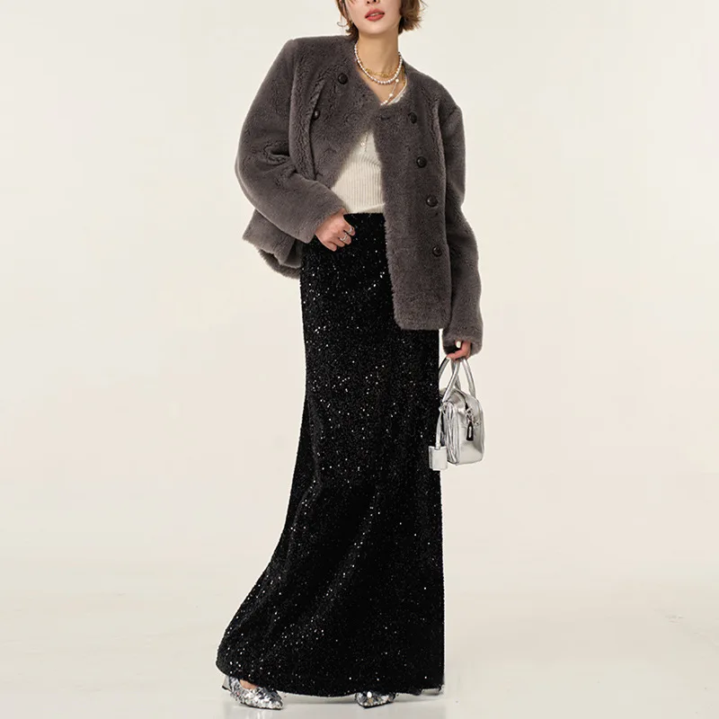 Sequin High Waist A-Line Maxi Skirts Women Sparkly Evening Party Long Skirt Elegant Spring/Autumn Outerwear