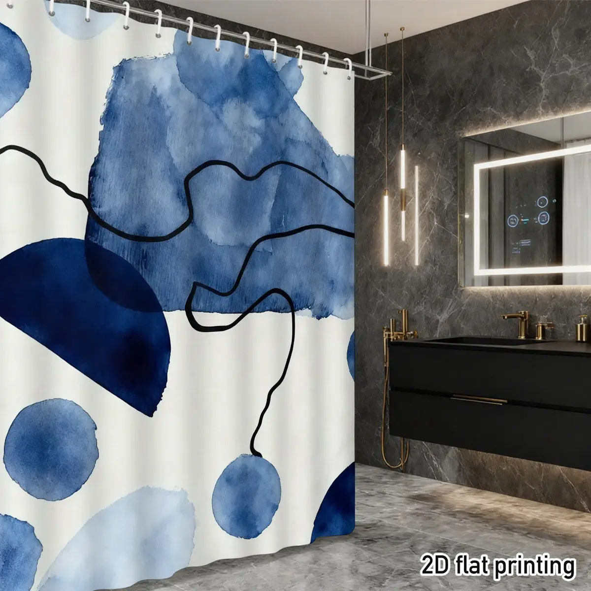 

Абстрактная синяя акварельная занавеска для душа – органические темно-синие формы и черные линии, 2D плоский принт, полиэстер, 12 крючков, можно стирать в машине.