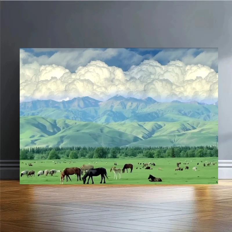 Oil Painting By Number Green Grassland Mountain Horse Sheep Nature Scenery Wall Decor for Game Room or Living Room Gift