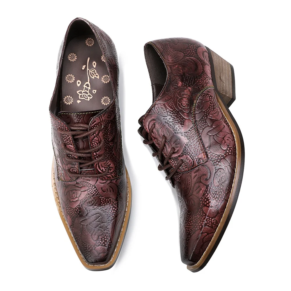 

Genuine leather retro British style dark floral texture spring new product stock women's thick-heeled shoes