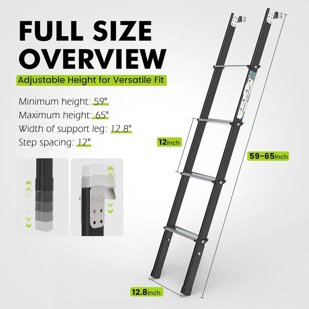 سلم بطابقين قابل للتعديل بـ 8 خطوات، سعة 660 رطل، مضاد للانزلاق، ألومنيوم فولاذي، للمخيمات، النوم، غرف الأطفال، يناسب الأسرة 57-63 #3