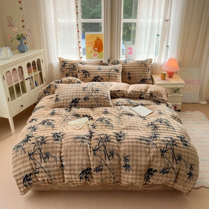 

New simple printing bubble milk fleece four-piece set student dormitory cartoon thickened bed sheet quilt cover kit household