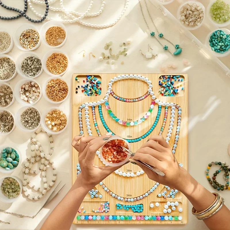 Wooden Flocked Beading Tray DIY Bracelet Necklace Jewelry Making Findings Beading Organizer Gray Bead Board Measuring Tool