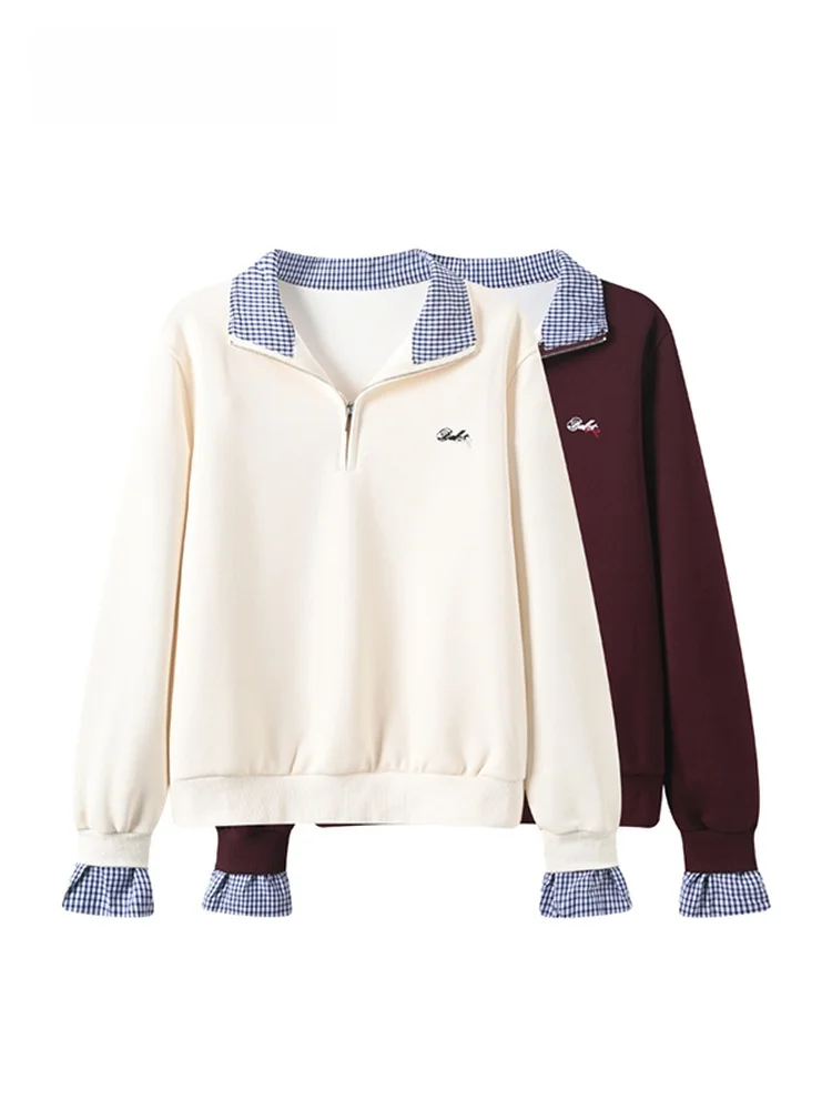 

CaraCLUB Large Size Ne Long Sve Sweatirt Women's Spring New Plaid Splicing Casual Sle Cotton Polyester Blend Top