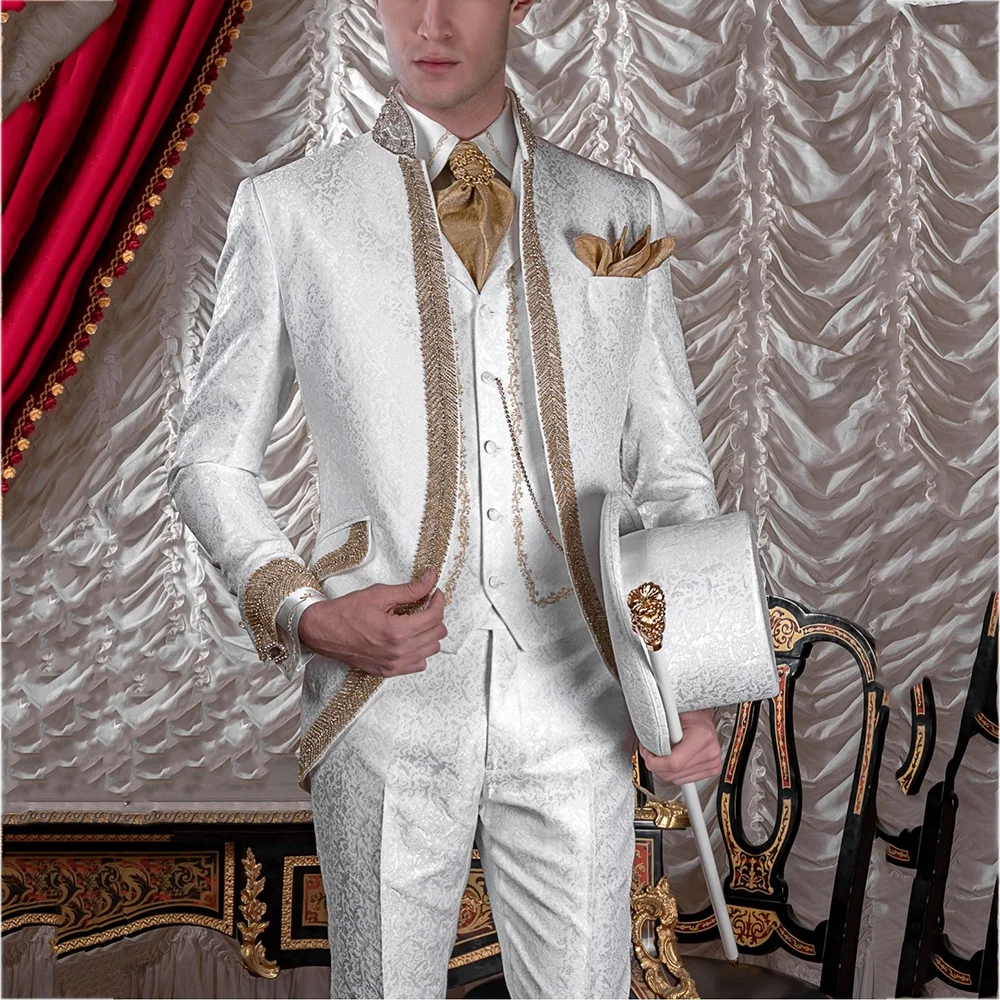 

Fashion Printed Suit Three Pieces Slim Fit Stand Collar Elegant Male Clothing Gentleman Wedding Groom Tuxedo Custom Man Set