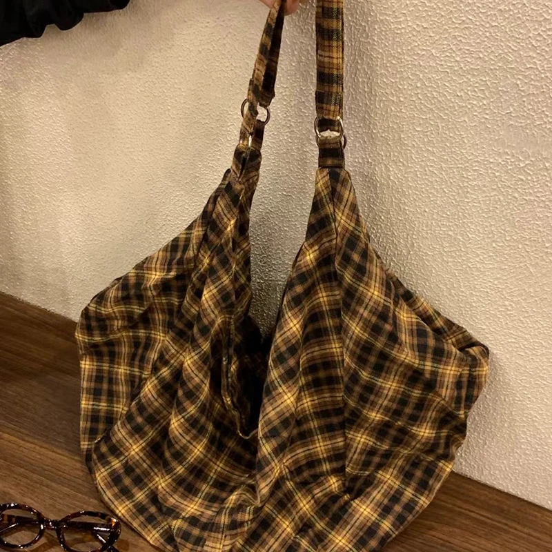 Koreanische karierte Canvas-Umhängetasche, Vintage-Mode-Rucksack, Damen-Tasche mit großem Fassungsvermögen, leichte, lässige Tragetasche für den Arbeitsweg – Detail 5