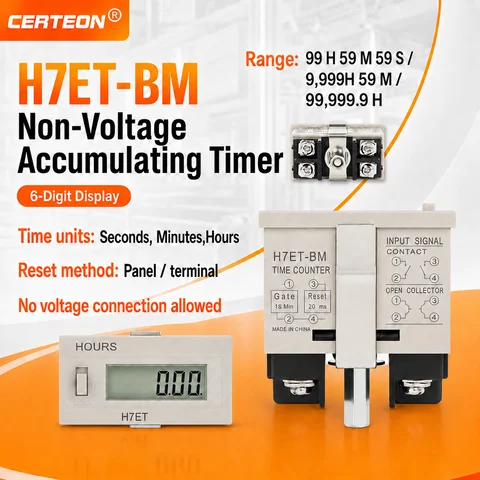 H7ET-BM No-Voltage Hour Meter 6-Digit Digital LCD Elapsed Time Counter Seconds Minutes Hours Power-Off Memory Industrial Timer