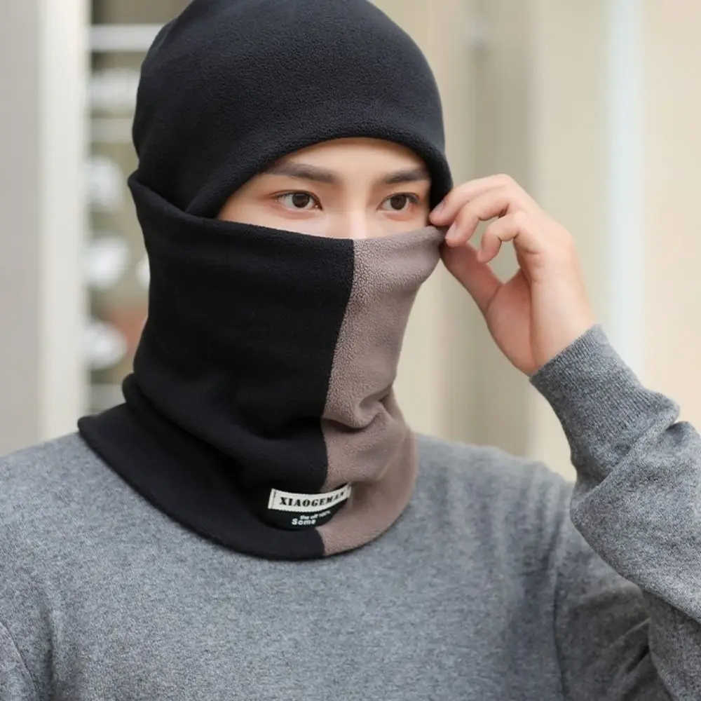 Moda engrossar chapéu aquecedor de pescoço masculino veludo cor bloqueando cachecol conjunto quente snood chapéu à prova de vento inverno