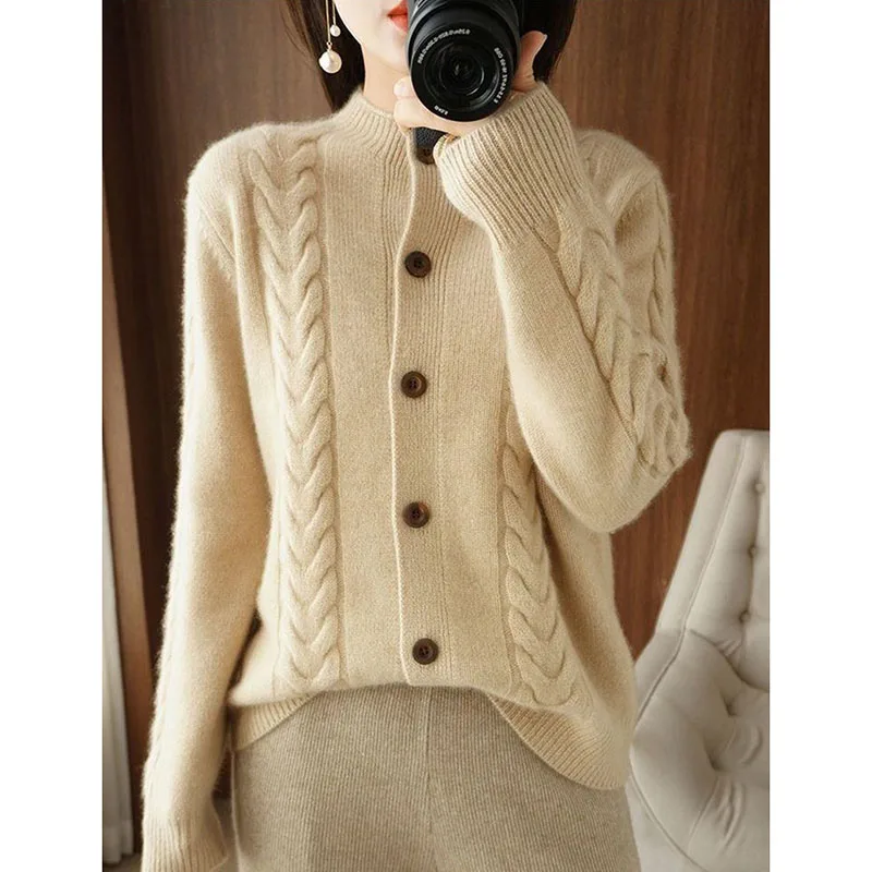 秋冬ハーフハイカラーツイストニットカーディガン高級カジュアルルーズ万能長袖ベースセーター女性用