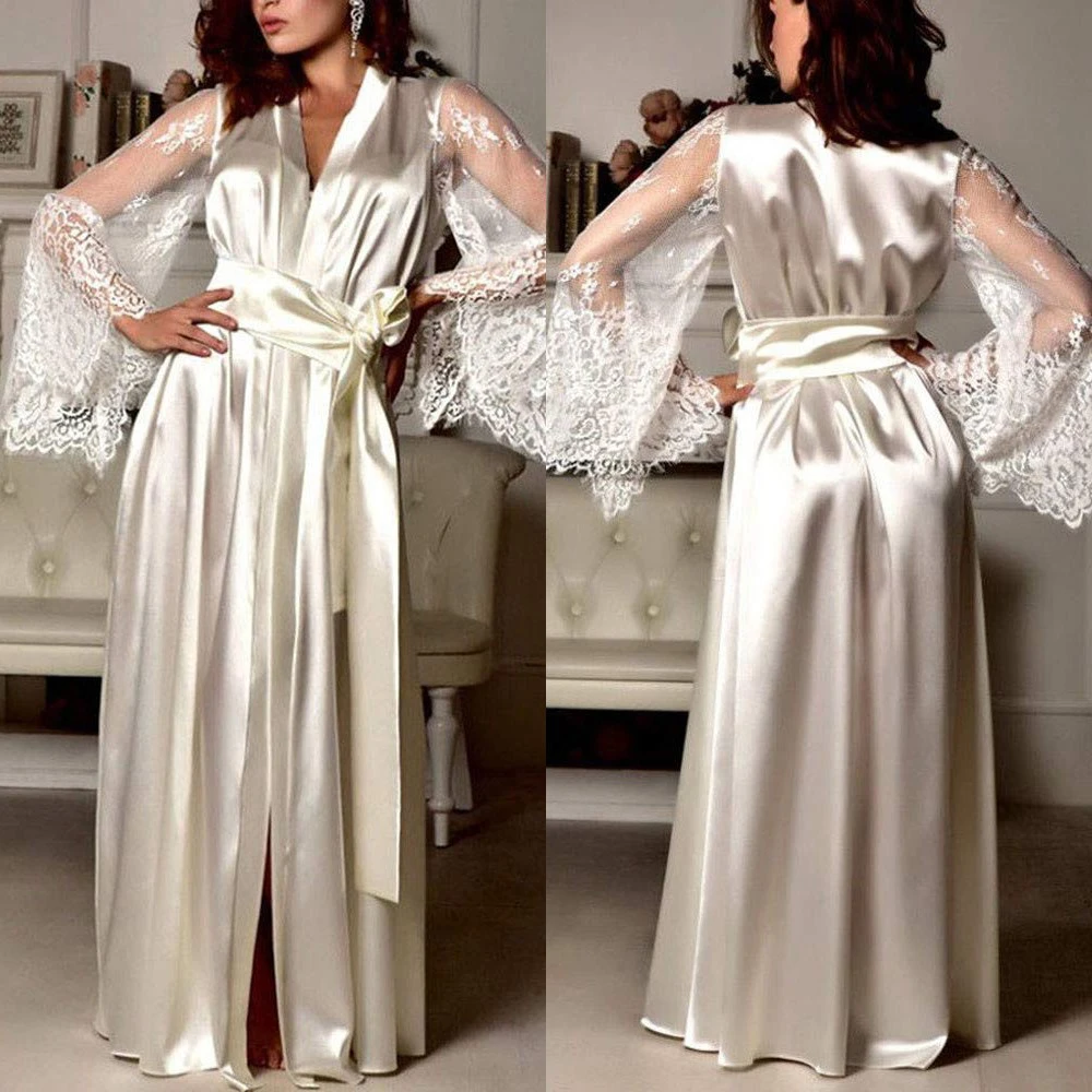 

Elegant Women Robe Nightgown Appliques Lace Long Sleeve Lace Up Bridal Wedding Bathrobe for Photography Custom Made