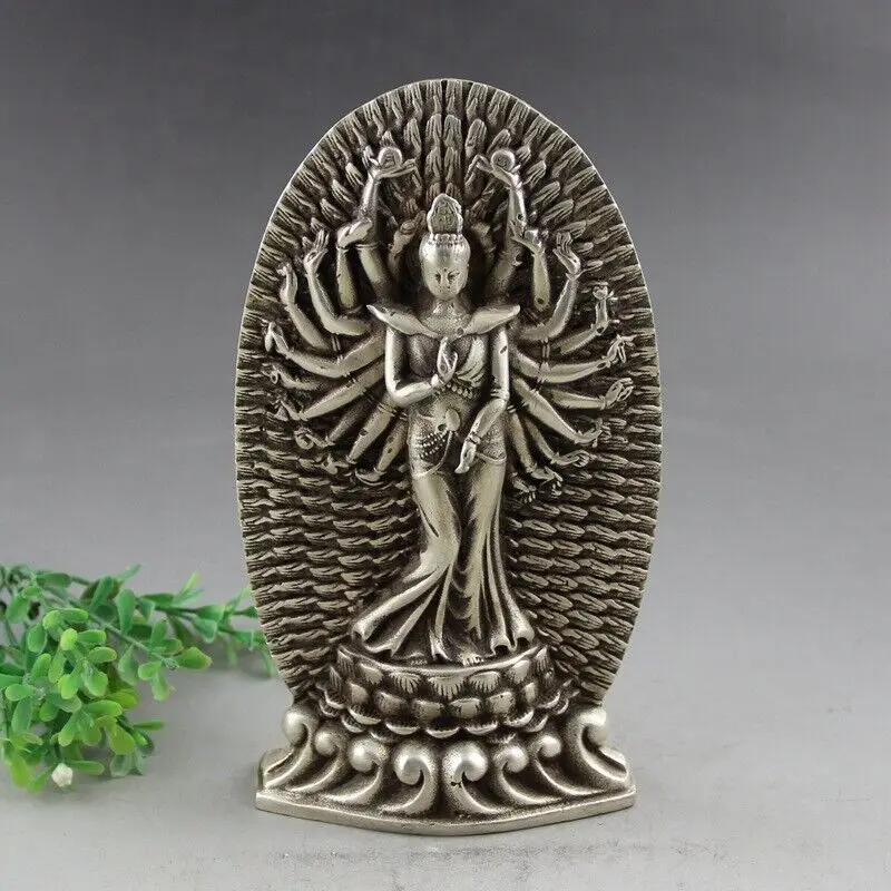 China Silver copper Avalokitesvara Thousand-hand Bodhisattva Guanyin Statue