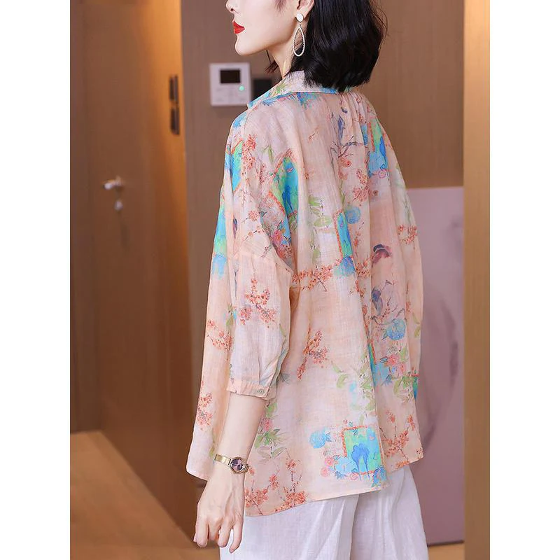 Elegant Vintage Print Oversize Cotton Linen Button Up Shirts Women Summer Fashion Casual Simple Ladies Tops Blouses Clothes 2023