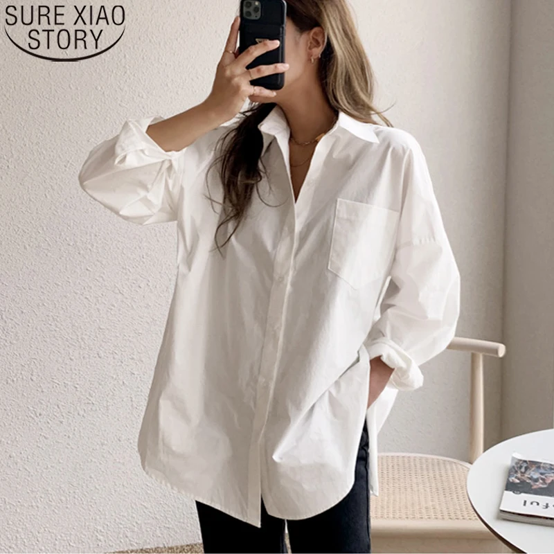 White Cotton Women Shirt 2024 Vintage Long Sleeve Tops Casual Turn-down Collar Loose Blouses 11456