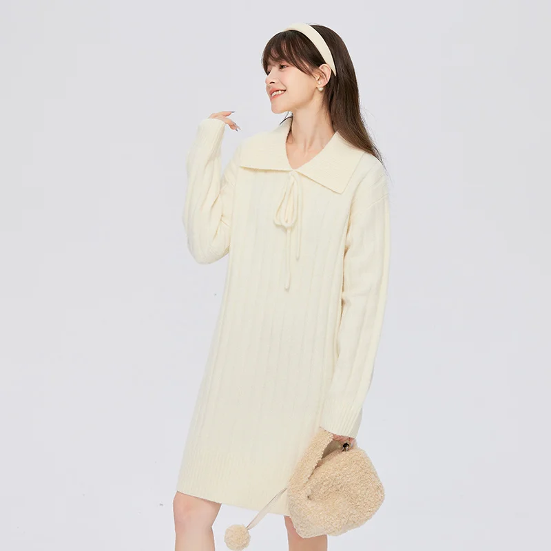 Semir Dress Women Big Lapel Solid Color Girlish Sweet 2023 Winter New Loose Knitted Dress