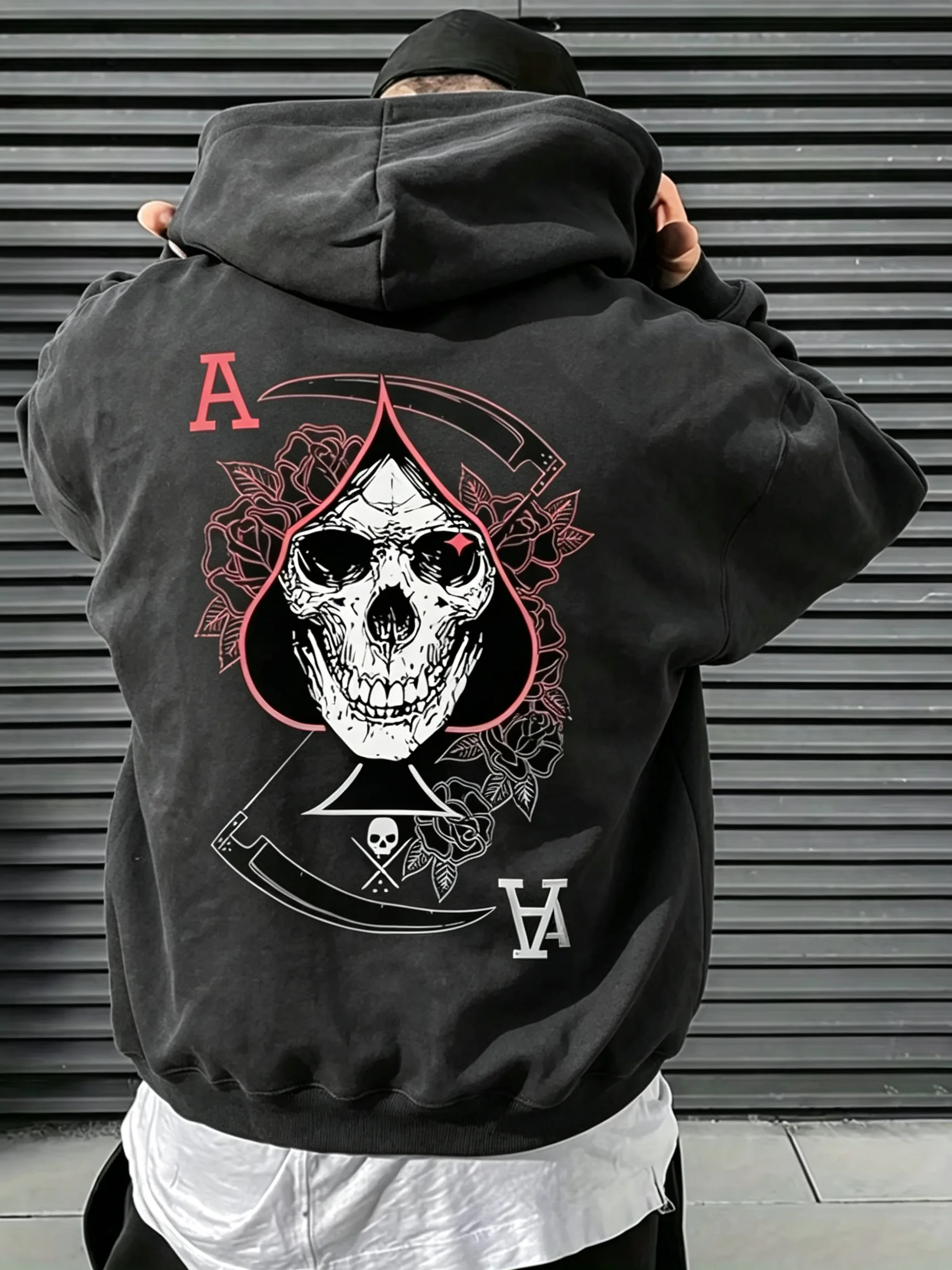 2026 Hot selling autumn men's skull A-line printed micro elastic comfortable hooded sweatshirt outdoor urban trendy streetwear