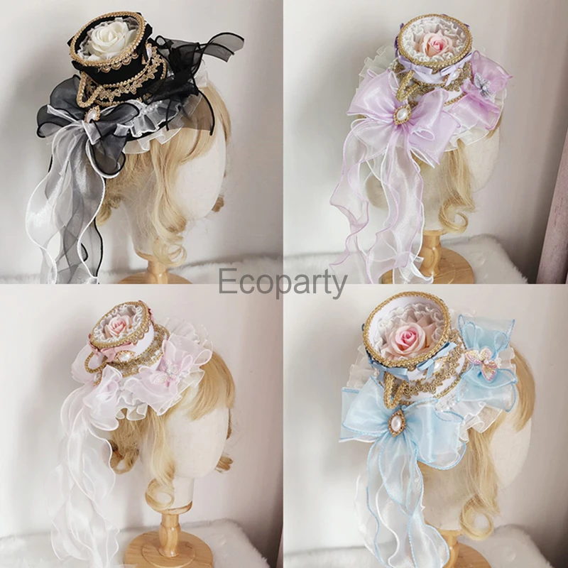 Women Vintage Victorian Headdress Flat Top Hat Elegant Lace Flower Rose Hat Gorgeous Tea Cup Top Hat Headwear Spanish Flat Hat