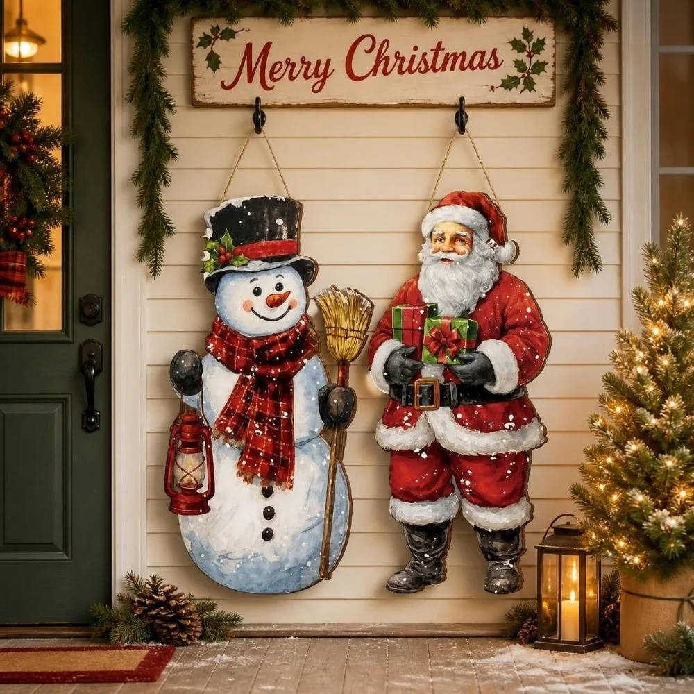 Wooden Door Hanging Sign Snowman Santa Claus Ornament Xmas Decorative Board Festival Plaque Wall-mounted Christmas Decorations