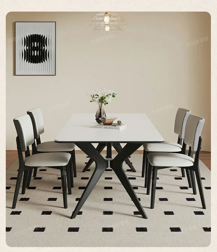 French retro solid wood rock slab dining table matte white high-end rectangular modern simplicity