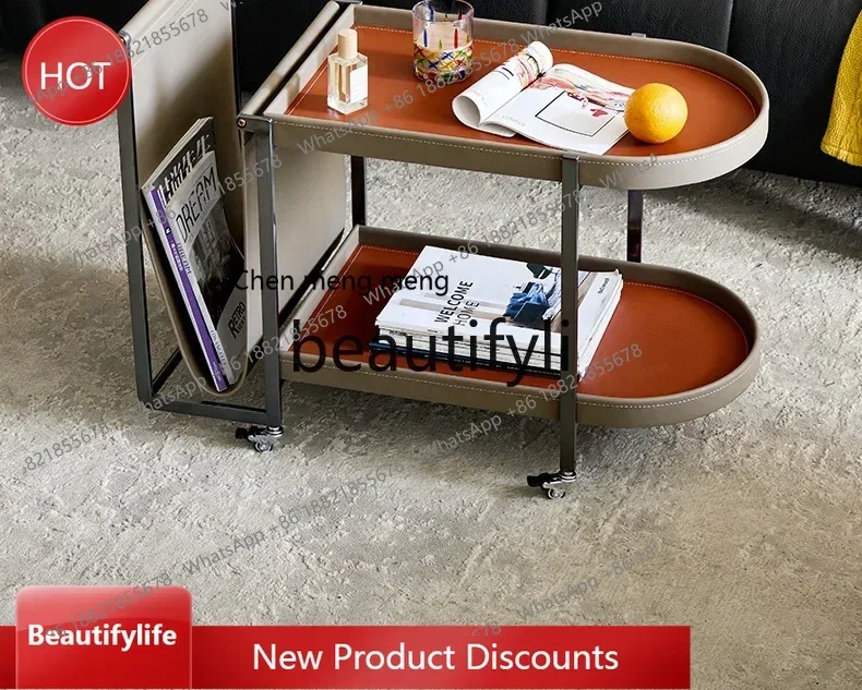 zx1Saddle leather Stainless steel frame with wheels Movable trolley Coffee table side table