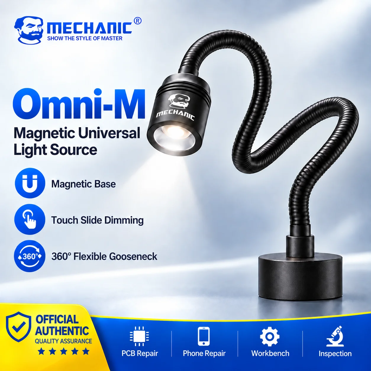 MECHANIC Omni-M Magnetic LED Work Light 360 Degree Flexible Gooseneck Dimmable Fill Light for Microscope Phone PCB Repair Bench