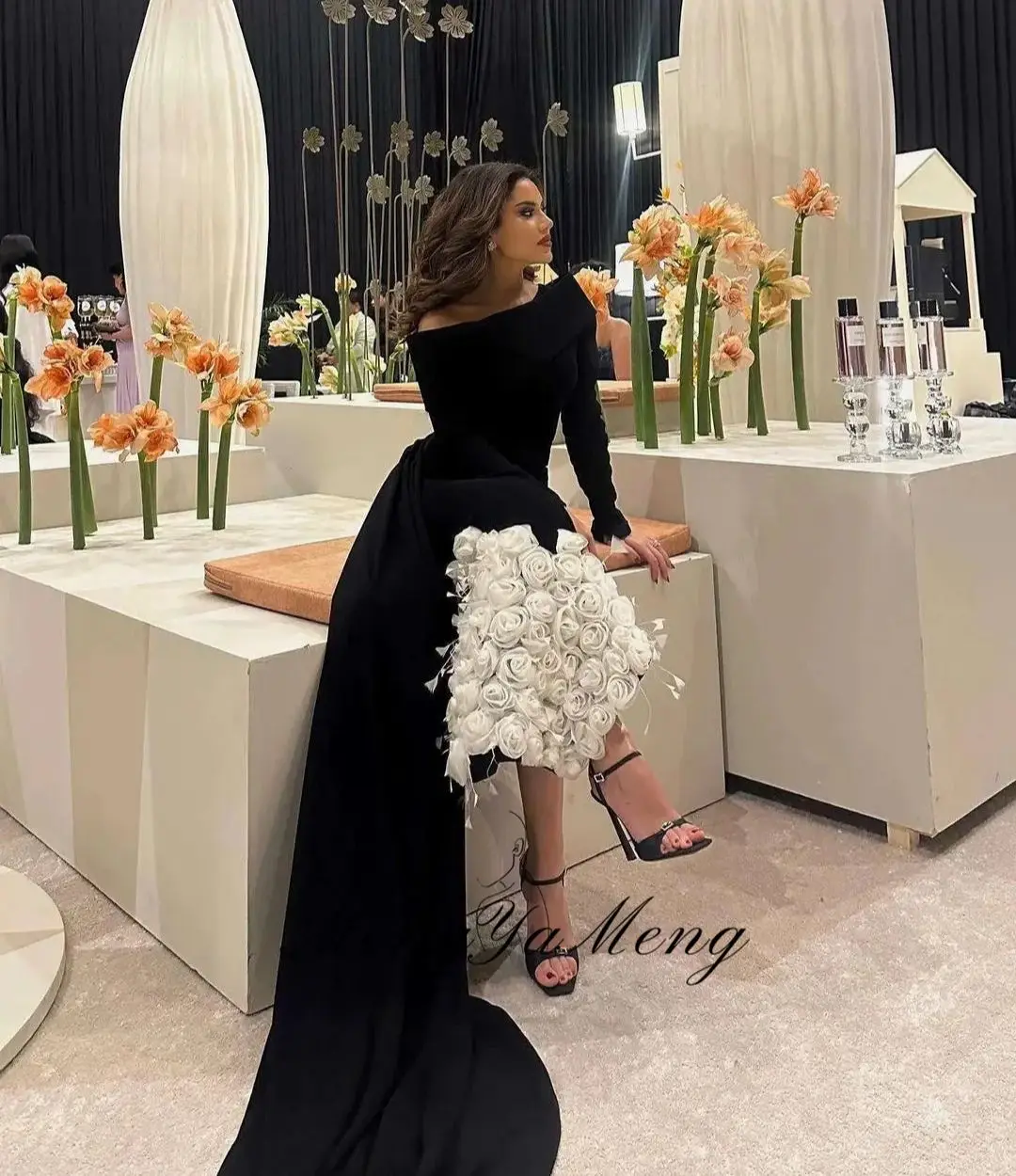 ZHUISHU Luxury Women's Evening Dresses for Special Occasions Custom Made 3D Flowers Fish Tail Black Long Sleeves Dress Prom image 4