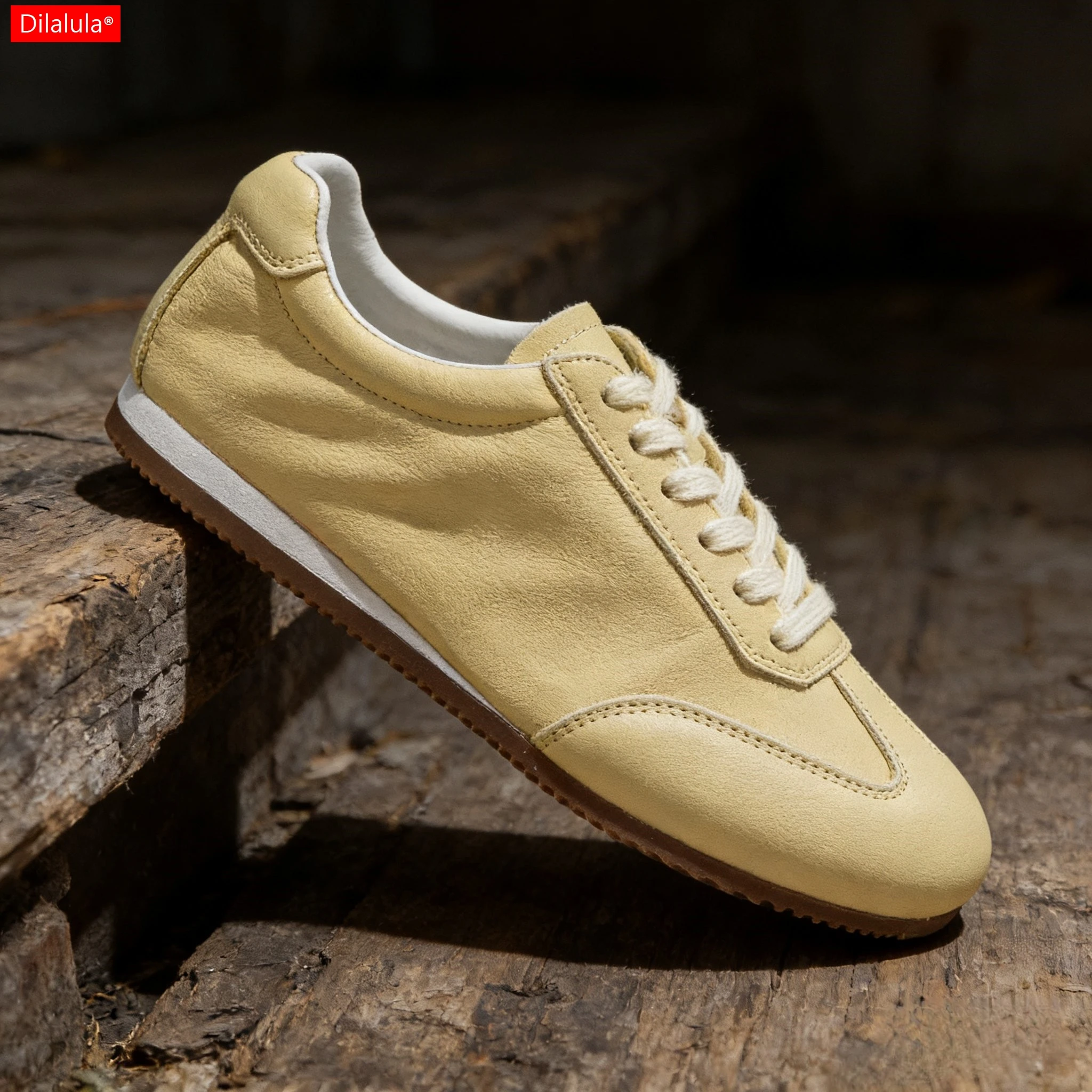 

Dilalula 2026 New Natural Cow Leather women's Sneakers Low Heels Lace Up Pumps For Students Daily Leisure Yellow Shoes Female