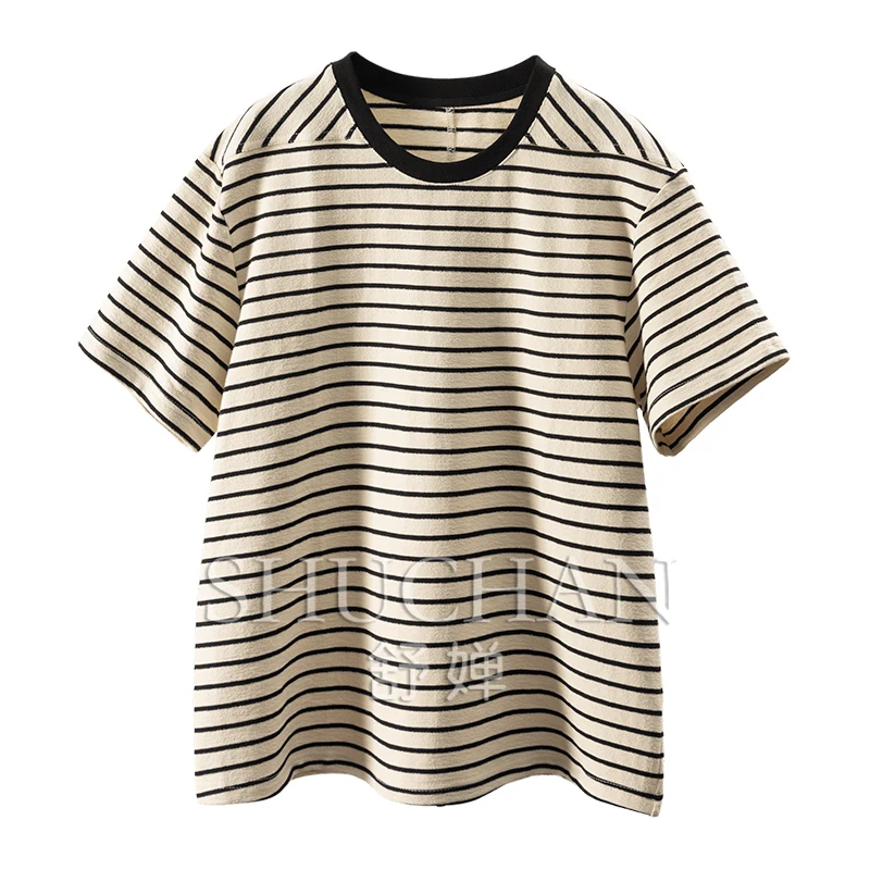 

Striped Cotton Round Neck Short-sleeved T-shirt Women Blusas Mujer De Moda 2025 Shirts for Women