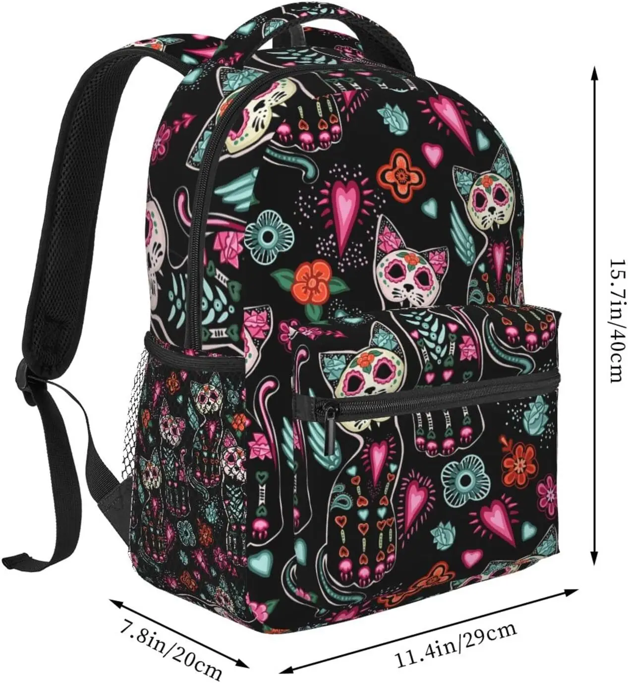 Day Of The Dead Cat Sugar Skull Flower Stylish Casual Backpack Laptop Backpacks Pockets Computer Daypack For Business Travel