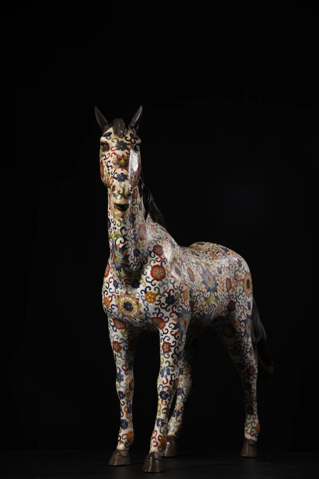 

28"Tibetan Temple Collection Old Bronze Cloisonne Enamel Flower Texture Horse statue win instant success Amass wealth Ornaments