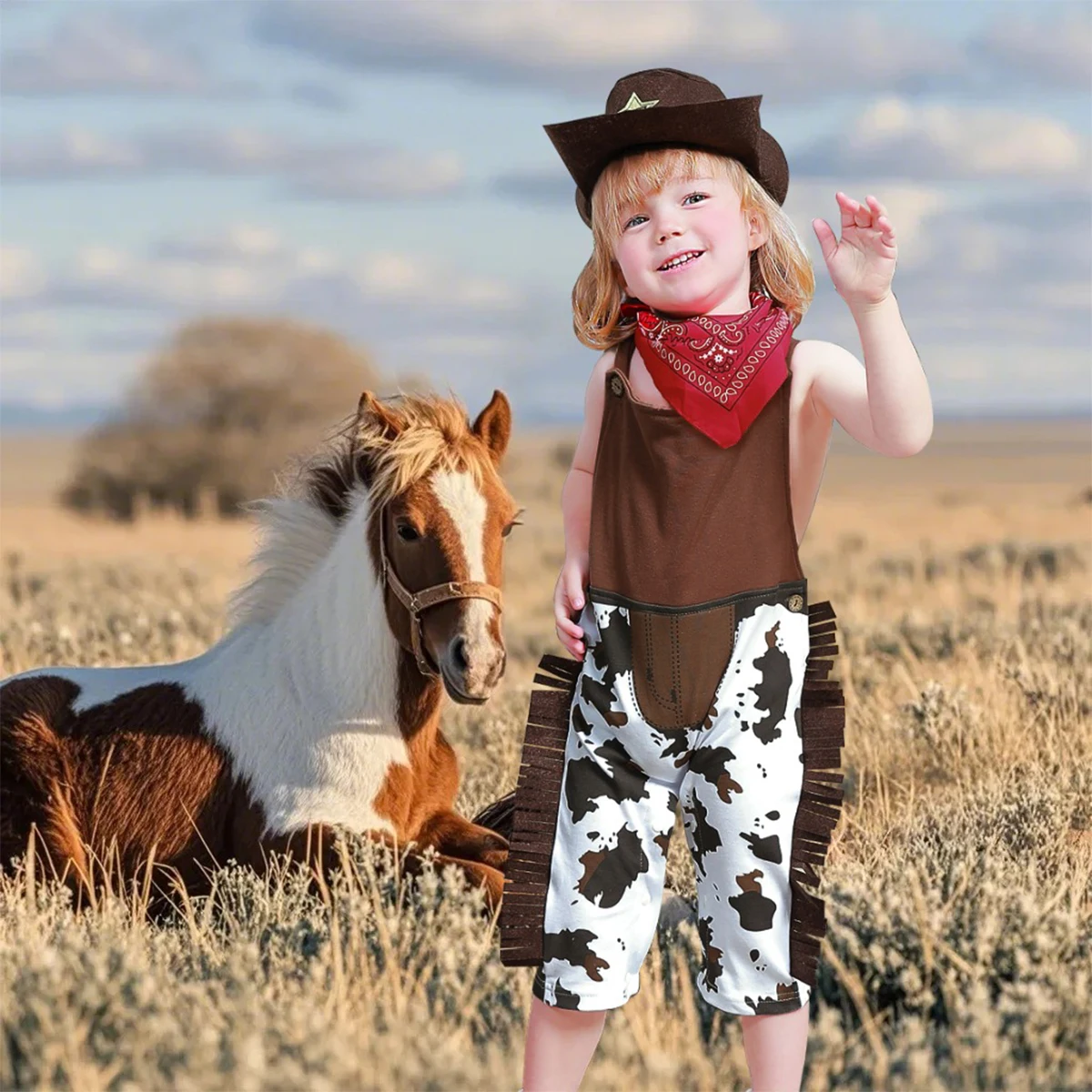 Baby Boys Western Cowboy Romper Toddler Halloween Costume Infant Carnival Party Playsuits Overall Sets with Scarf and Hat Brown