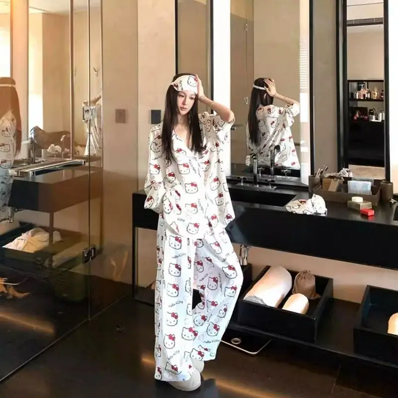 Kawaii Sanrio Hallo Kitty Frauen Nachthemd Sommer Nette 2Pcs Pyjamas Anzug Anime Eis Seide Homewear Set Cartoon Mädchen Hause kleidung