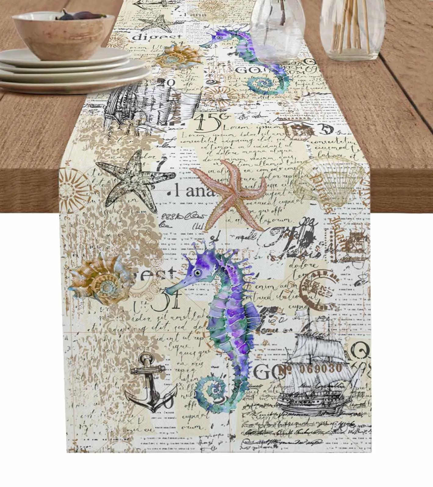 Hand Drawn Seahorse Navigation  Wedding Decor Cake Tablecloth and Placemat Holiday Table Decor Table Runner