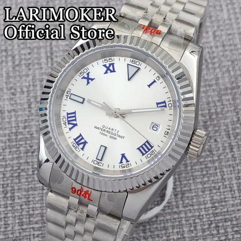 LARIMOKER 36 مللي متر/39 مللي متر الياقوت الزجاج الفولاذ المقاوم للصدأ ساعة فضية للرجال روندا 515-24H حركة الكوارتز 100 متر ساعات مقاومة للماء