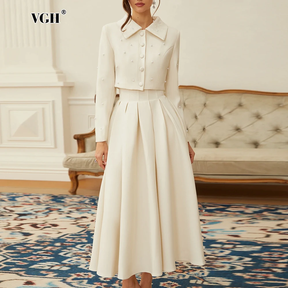 VGH Elegant Bridesmaids White Two Piece Set for Women Lapel Pearl Accent Crop Jacket A Line Midi Skirts Suit for Formal Events