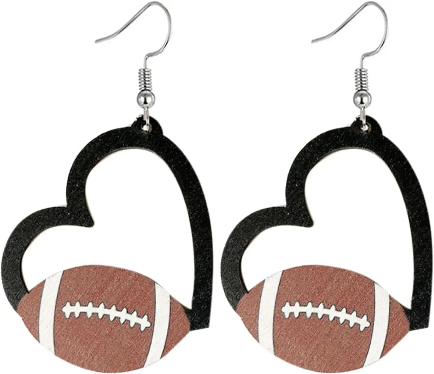 

Handmade Wooden Heart Sports Ball Earrings for Women Lightweight Basketball Rugby Baseball Soccer Dangle