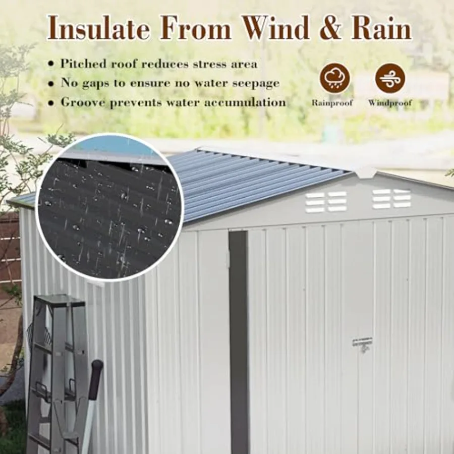 Outdoor garden storage shed for feet, galvanized steel material, gray color, waterproof and lockable with door window for backy