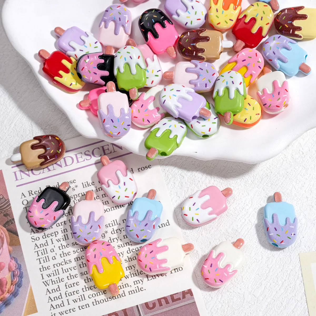 Fresh New Colorful Oil Drop Kawaii Ice Cream Shape Acrylic Resin Jewelry Beads Fit Bracelet Necklace Earring 20*12*5mm 100pcs