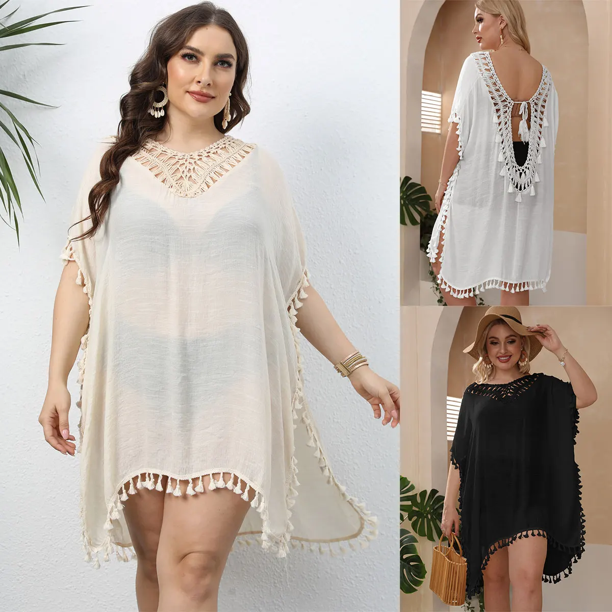 Plus Size Oversize Sexy Backless Bikini Cover-up Women Hollow Crochet Neck Tassel Swimsuit Cover Up Beachwear Split Beach Dress